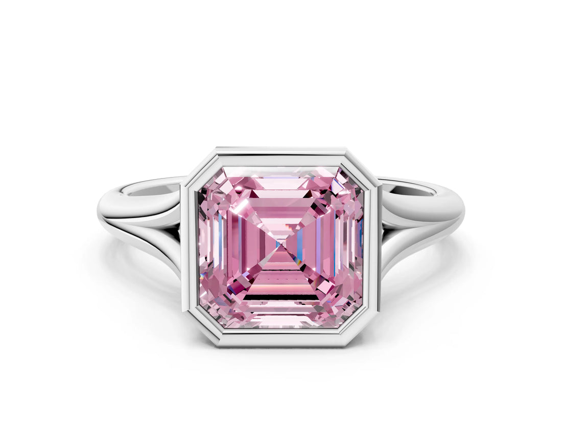 White gold Bezel Set Fancy Pink Asscher  Cut Solitaire Ring with Tapered Band 1