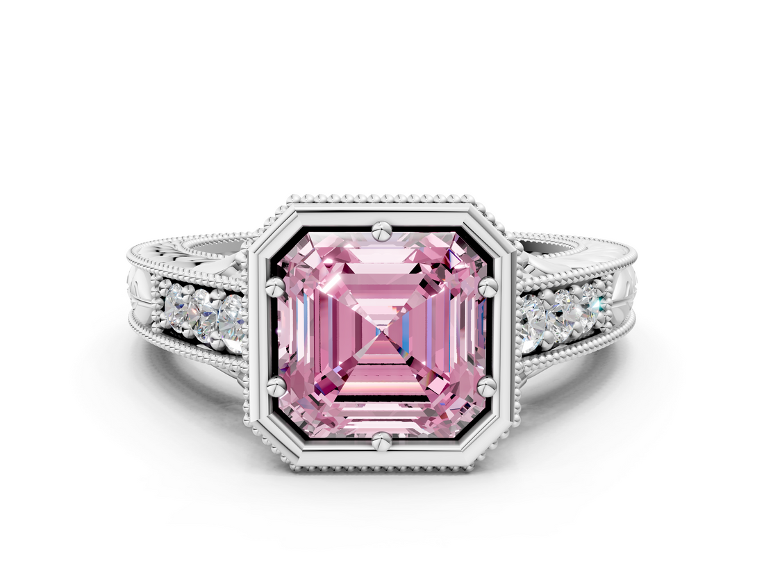 White gold Bezel Set Fancy Pink Asscher  Diamond Milgrain Pave Engagement Ring_17