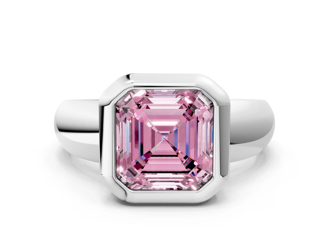 White gold Bezel Set Fancy Pink Asscher  Solitaire Ring with Wide Band 1