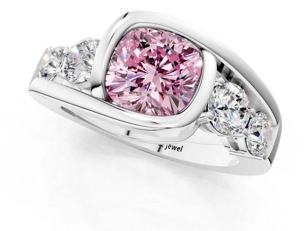 Platinum Bezel Set Fancy Pink Cushion Cut Diamond Split Shank Ring
