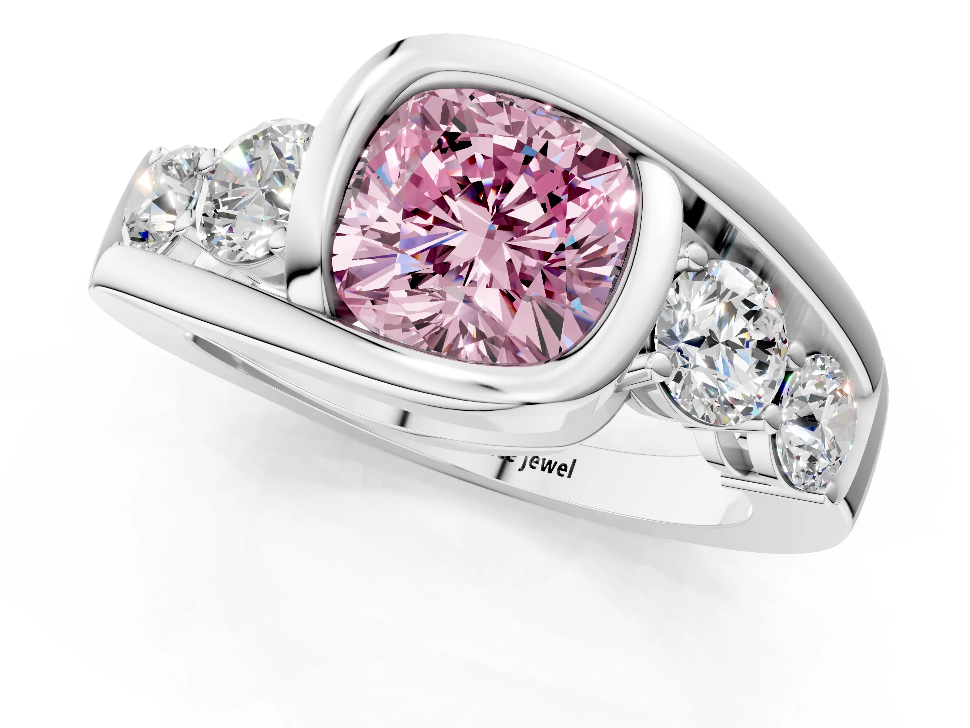 White gold Bezel Set Fancy Pink Cushion Cut Diamond Split Shank Ring_1