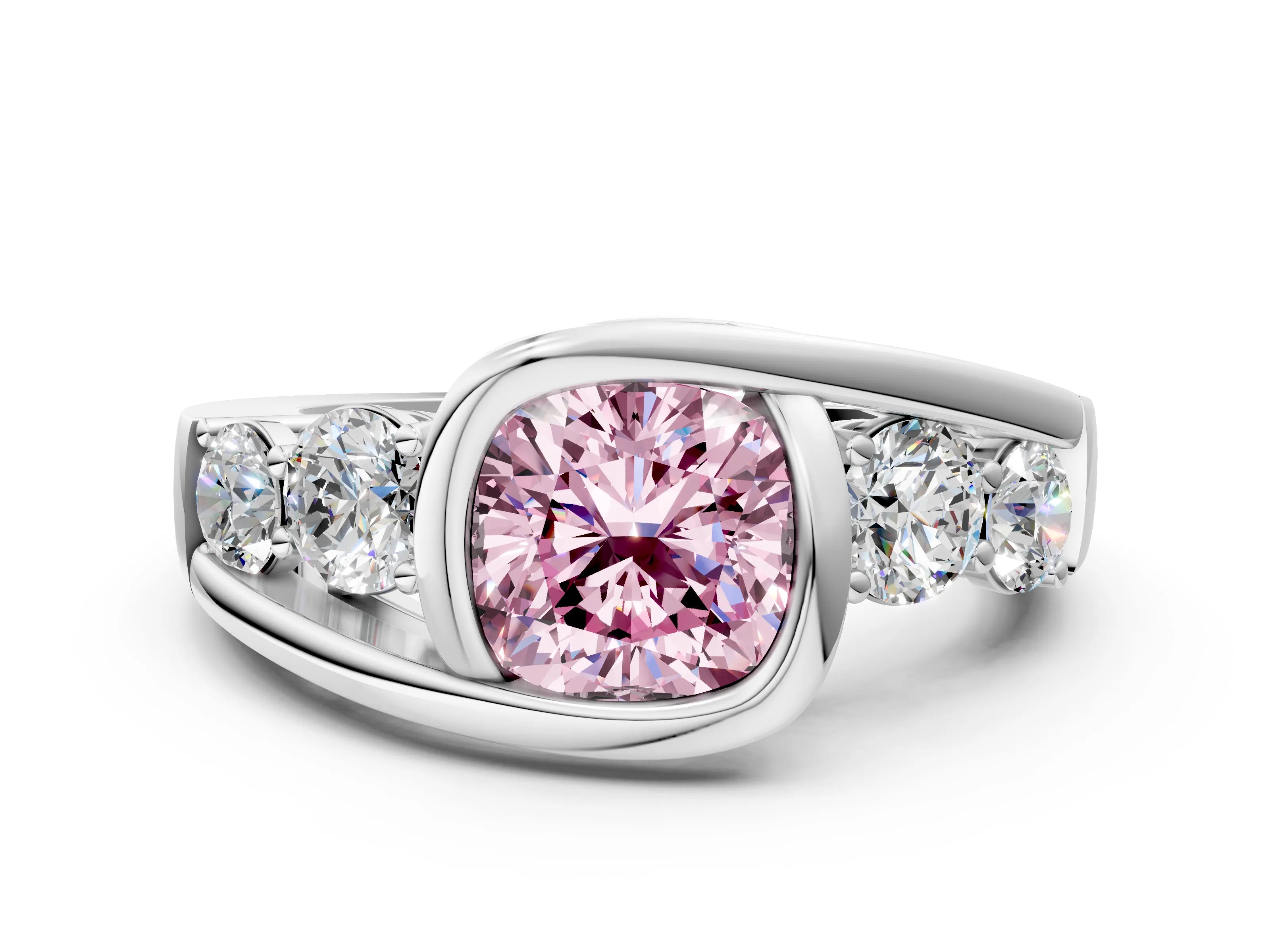 White gold Bezel Set Fancy Pink Cushion Cut Diamond Split Shank Ring