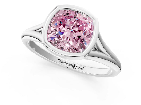 White Gold Cushion Cut Bezel Engagement Ring Setting for Fancy Pink Center