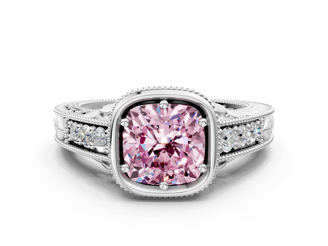 White gold Bezel Set Fancy Pink Cushion  Diamond Milgrain Pave Engagement Ring_28