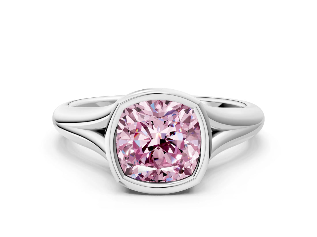 White gold Bezel Set Fancy Pink Cushion  Solitaire Diamond Ring with Smooth Band 2