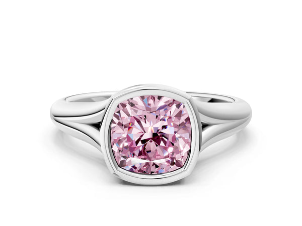 White gold Bezel Set Fancy Pink Cushion  Solitaire Diamond Ring with Smooth Band
