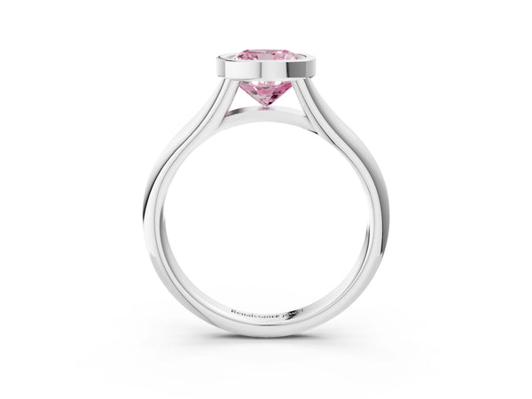 White gold Bezel Set Fancy Pink Cushion  Solitaire Diamond Ring with Smooth Band