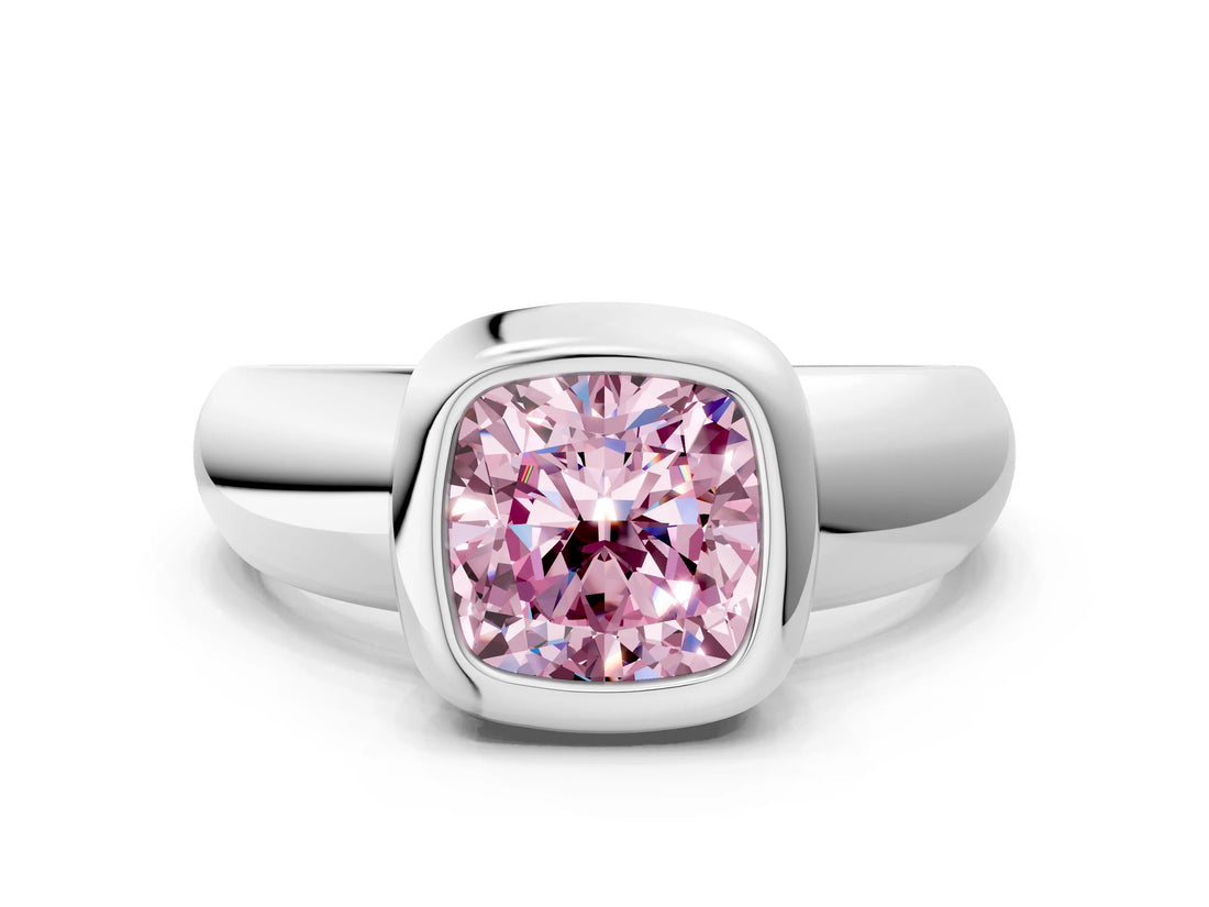 White gold Bezel Set Fancy Pink Cushion  Solitaire Ring with Wide Band 1