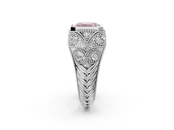 White Gold Emerald Cut Vintage Bezel Engagement Ring Setting for Fancy Pink Center with Milgrain