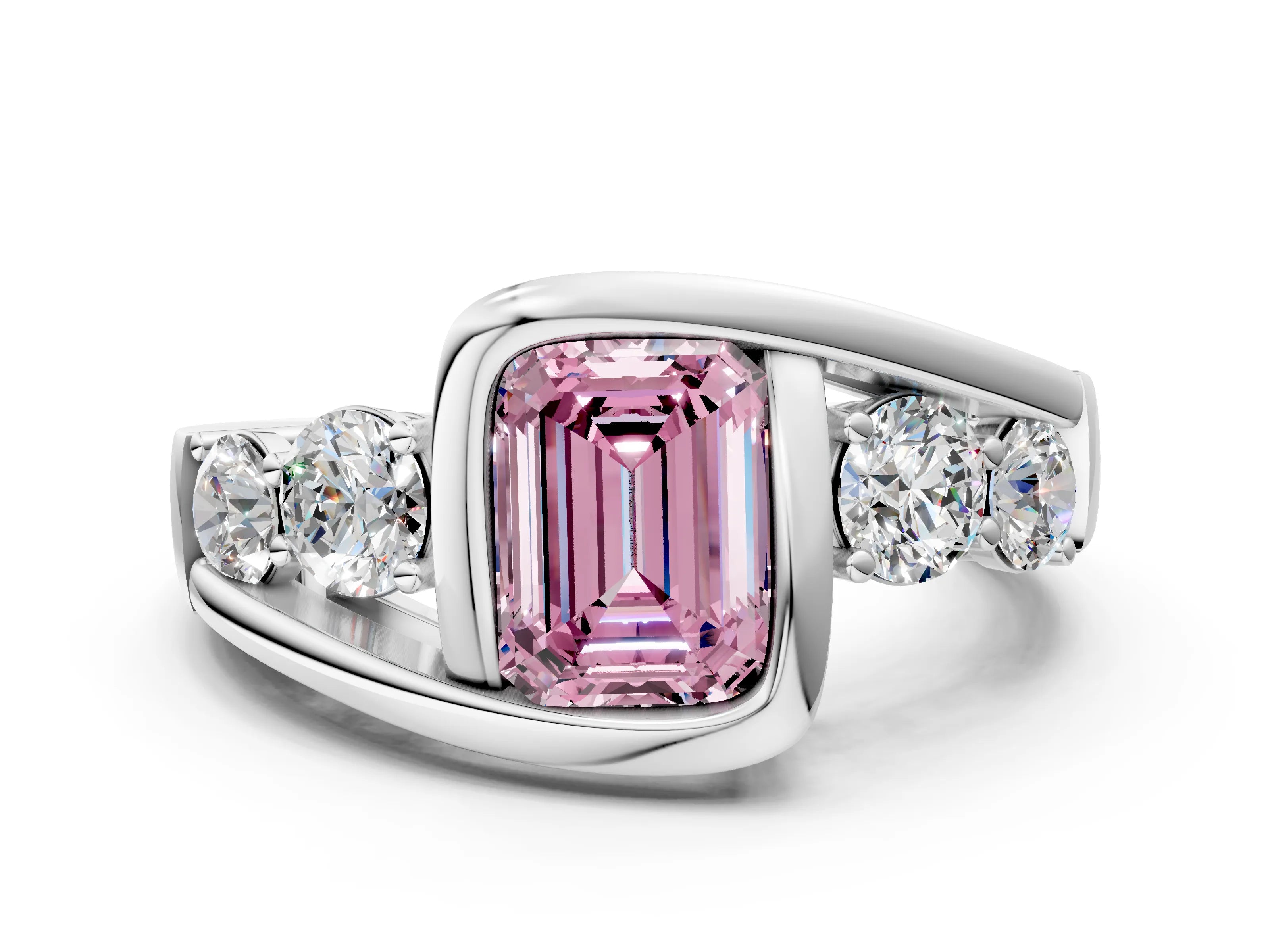 White gold Bezel Set Fancy Pink Emerald Cut Diamond Split Shank Ring