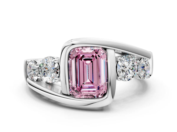 White gold Bezel Set Fancy Pink Emerald Cut Diamond Split Shank Ring
