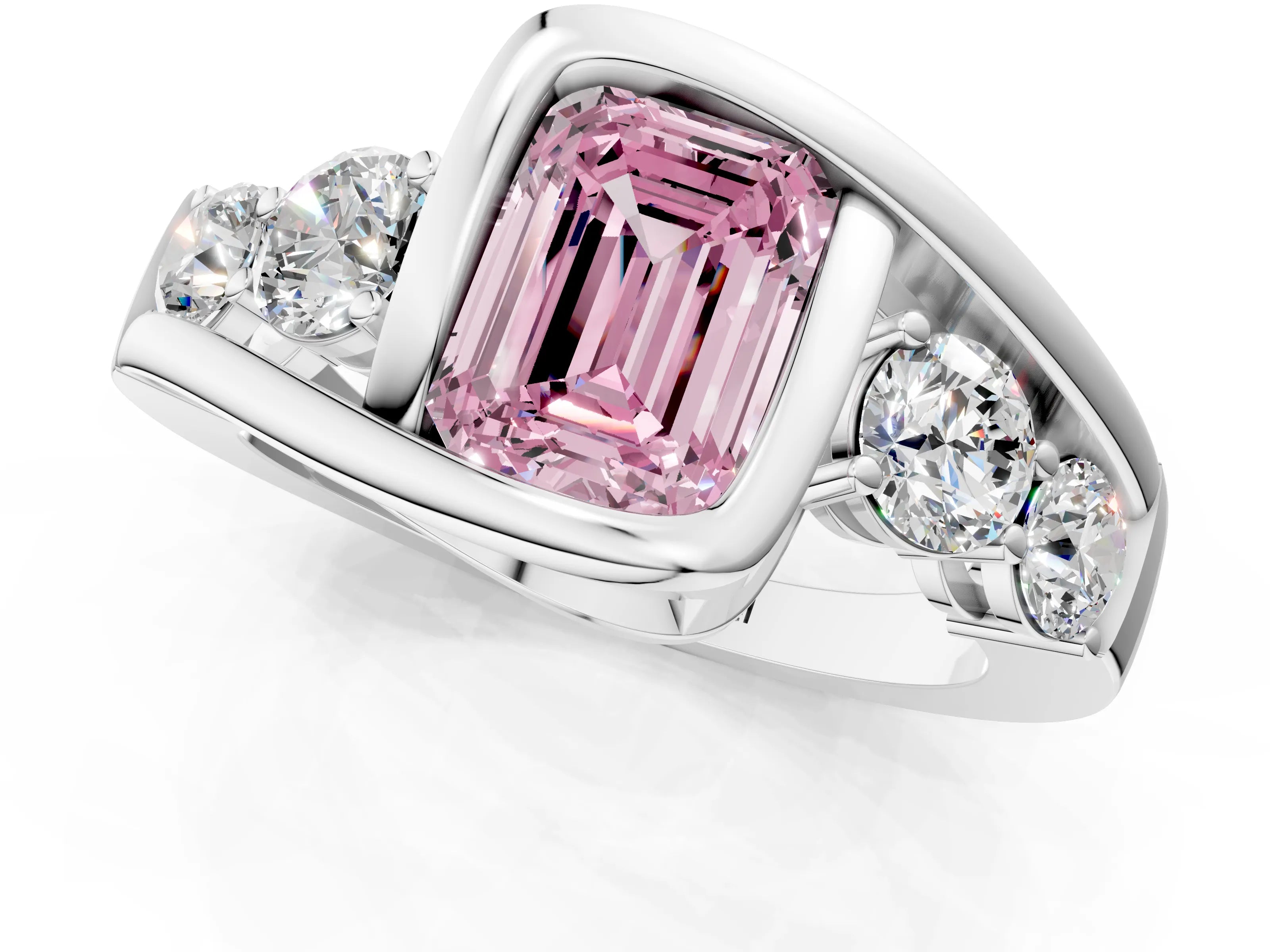 White gold Bezel Set Fancy Pink Emerald Cut Diamond Split Shank Ring_1