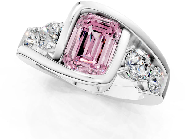 White gold Bezel Set Fancy Pink Emerald Cut Diamond Split Shank Ring