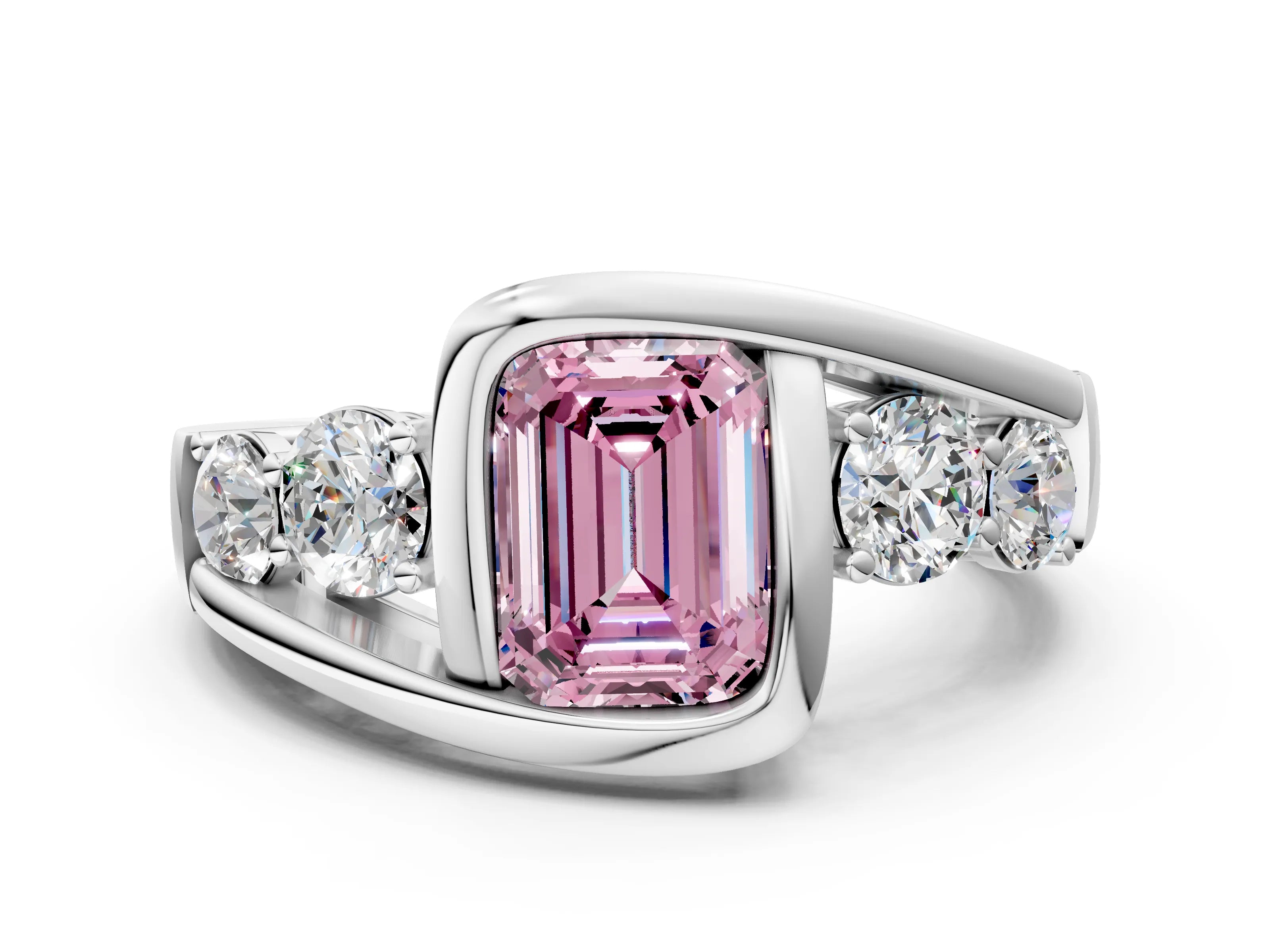 White gold Bezel Set Fancy Pink Emerald Cut Diamond Split Shank Ring_24