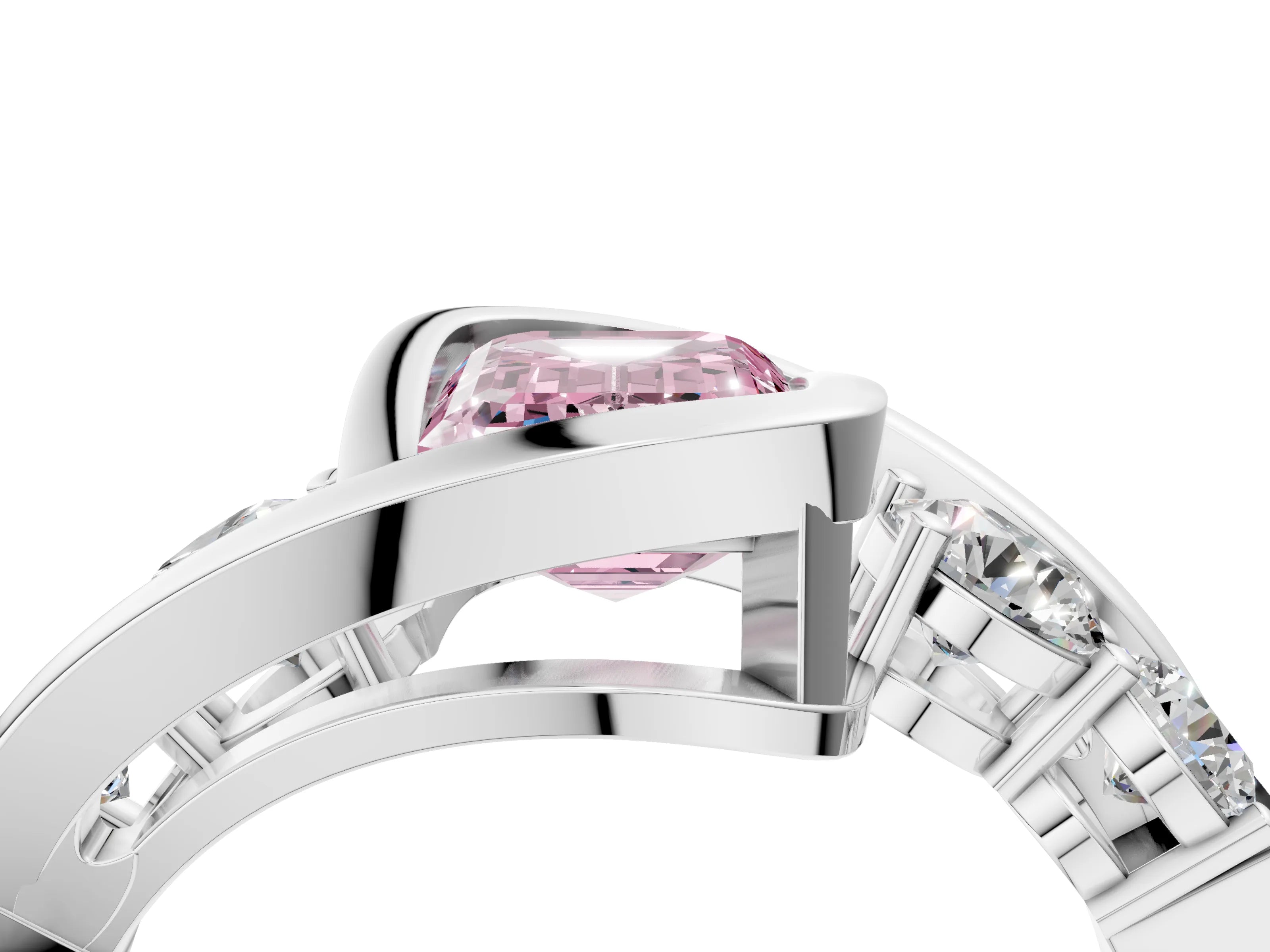 White gold Bezel Set Fancy Pink Emerald Cut Diamond Split Shank Ring_4