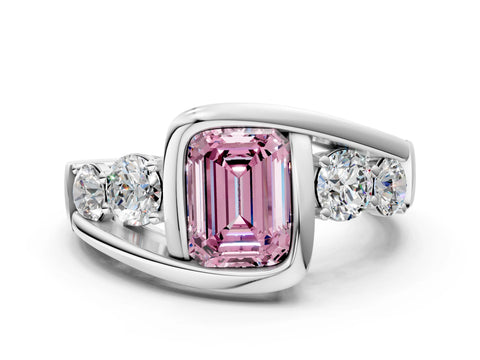 White gold Bezel Set Fancy Pink Emerald Cut Diamond Split Shank Ring