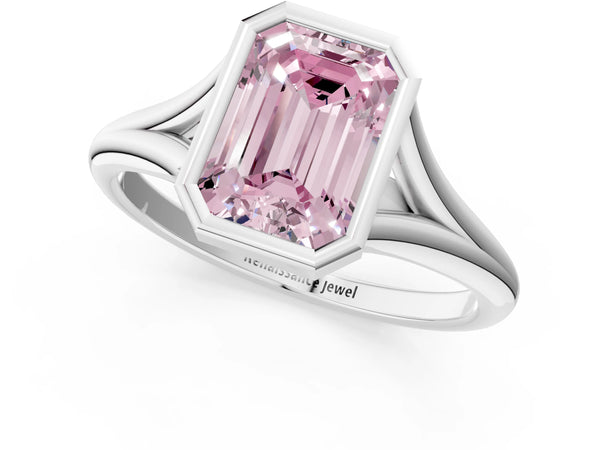 White gold Bezel Set Fancy Pink Emerald  Cut Solitaire Ring with Tapered Band