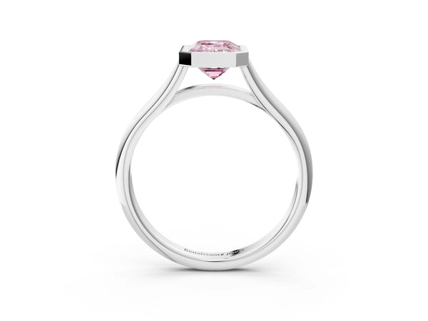 White gold Bezel Set Fancy Pink Emerald  Cut Solitaire Ring with Tapered Band
