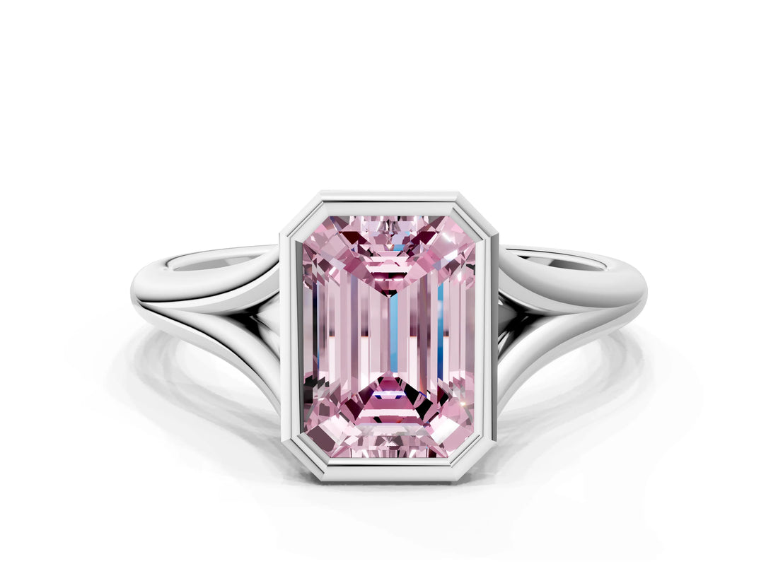 White gold Bezel Set Fancy Pink Emerald  Cut Solitaire Ring with Tapered Band