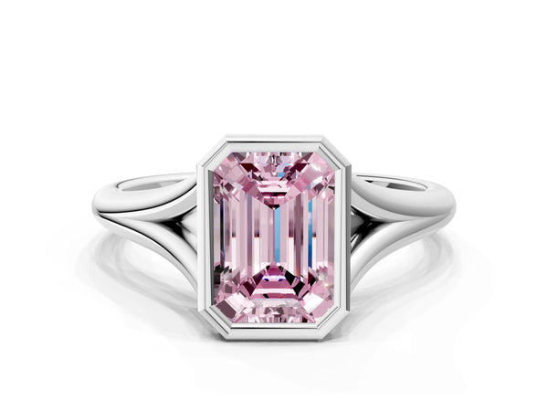 White gold Bezel Set Fancy Pink Emerald  Cut Solitaire Ring with Tapered Band