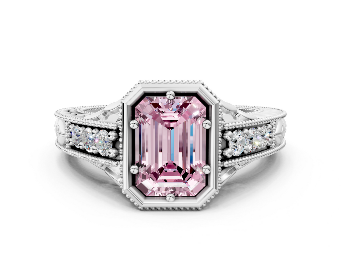 White gold Bezel Set Fancy Pink Emerald  Diamond Milgrain Pave Engagement Ring_32