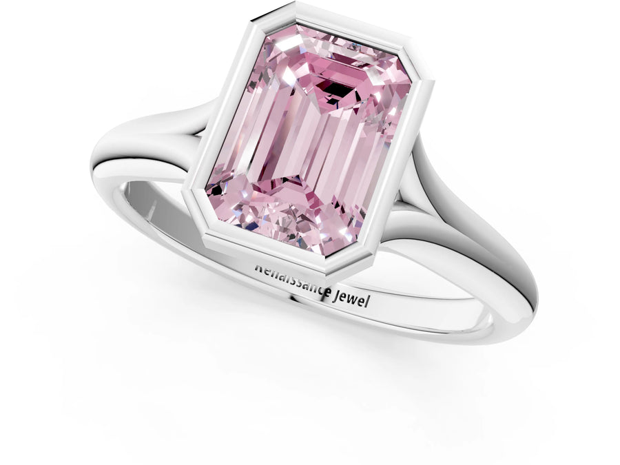 White gold Bezel Set Fancy Pink Emerald  Solitaire Diamond Ring with Smooth Band
