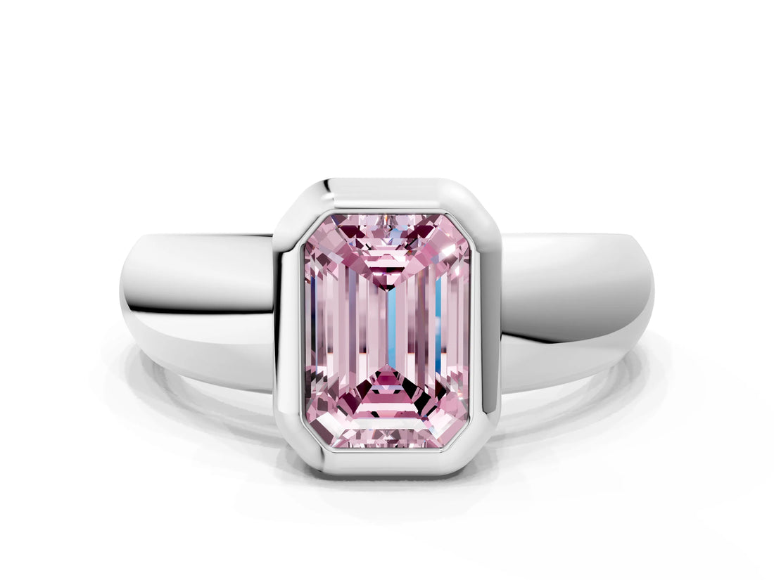 White gold Bezel Set Fancy Pink Emerald  Solitaire Ring with Wide Band 1