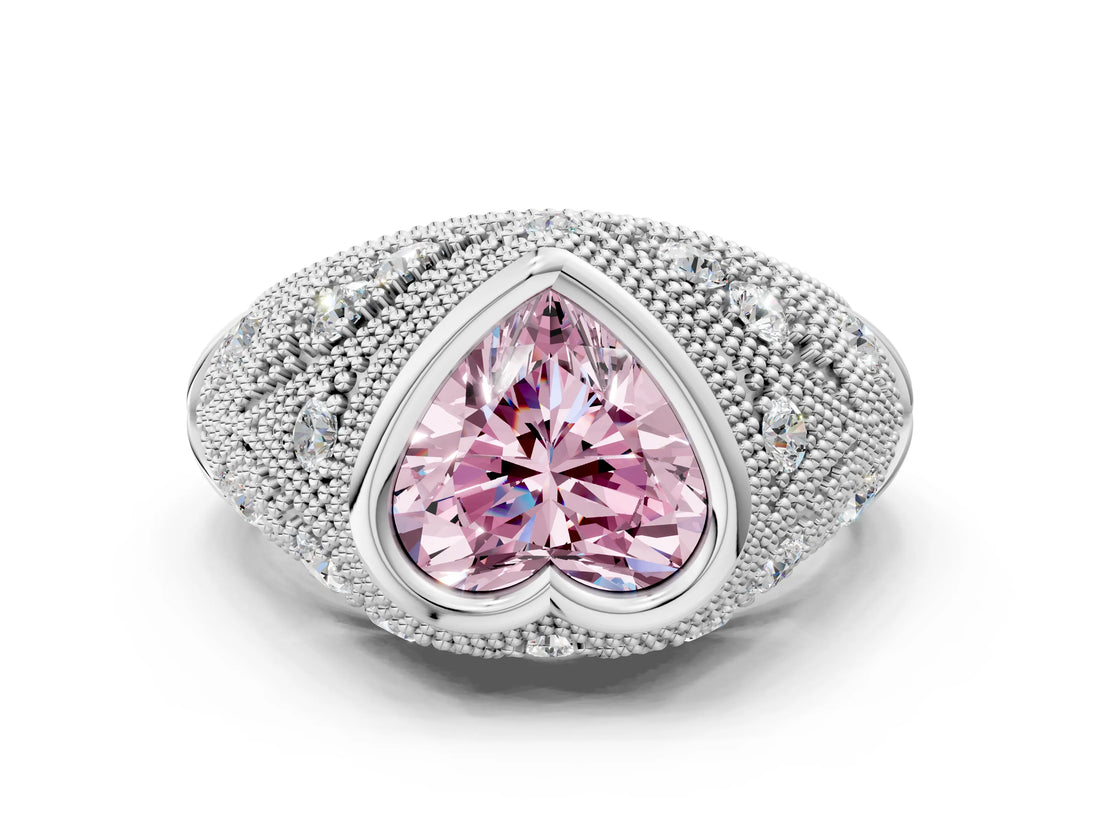 White gold Bezel Set Fancy Pink Heart Cut Diamond Milgrain Band Ring