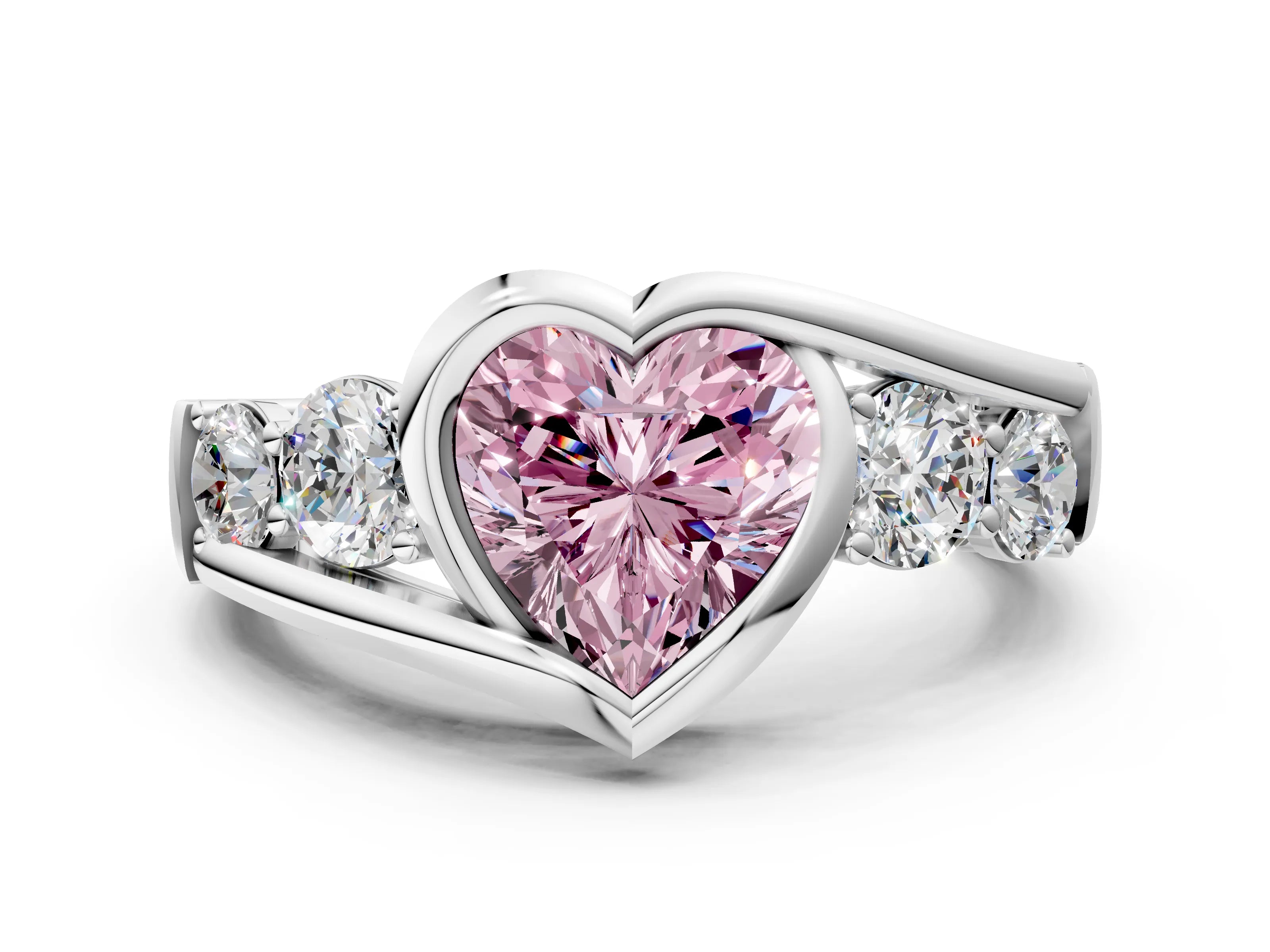 White gold Bezel Set Fancy Pink Heart Cut Diamond Split Shank Ring_24