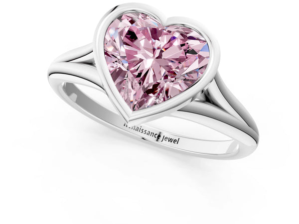 White gold Bezel Set Fancy Pink Heart  Cut Solitaire Ring with Tapered Band