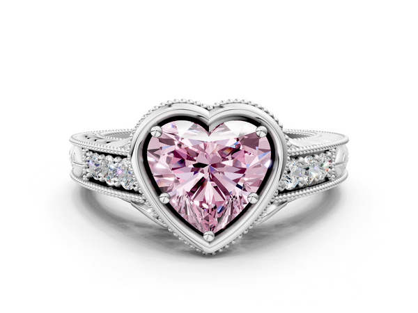 Platinum Bezel Set Fancy Pink Heart  Diamond Milgrain Pave Engagement Ring