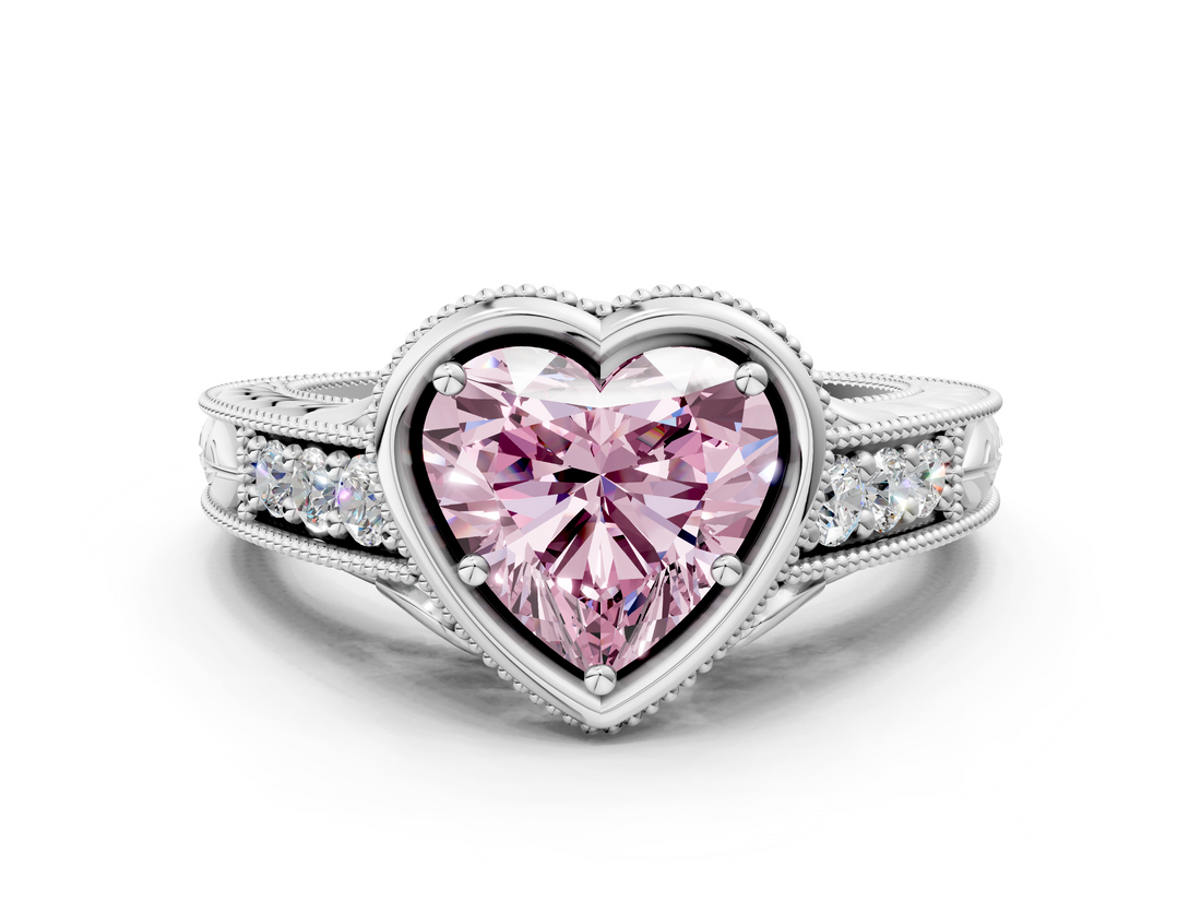 White gold Bezel Set Fancy Pink Heart  Diamond Milgrain Pave Engagement Ring_33