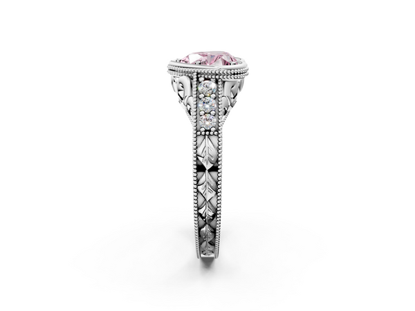 Platinum Bezel Set Fancy Pink Heart  Diamond Milgrain Pave Engagement Ring