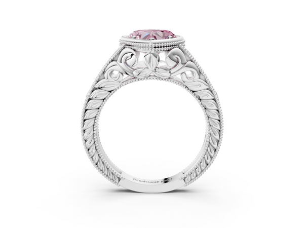 Platinum Bezel Set Fancy Pink Heart  Diamond Milgrain Pave Engagement Ring