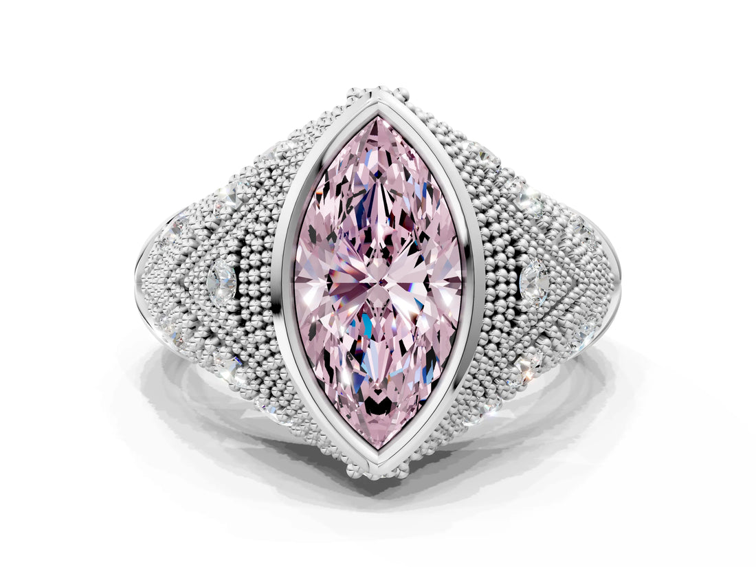 White gold Bezel Set Fancy Pink Marquise Cut Diamond Milgrain Band Ring