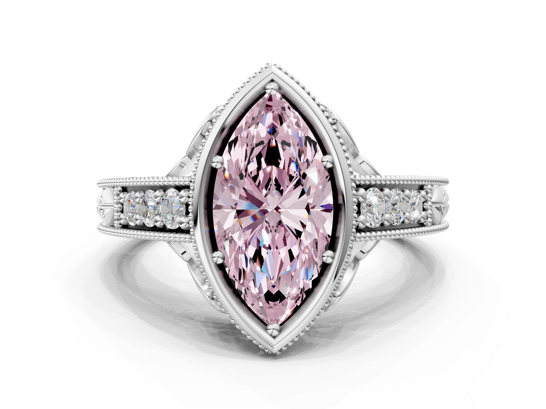 White gold Bezel Set Fancy Pink Marquise  Diamond Milgrain Pave Engagement Ring_34