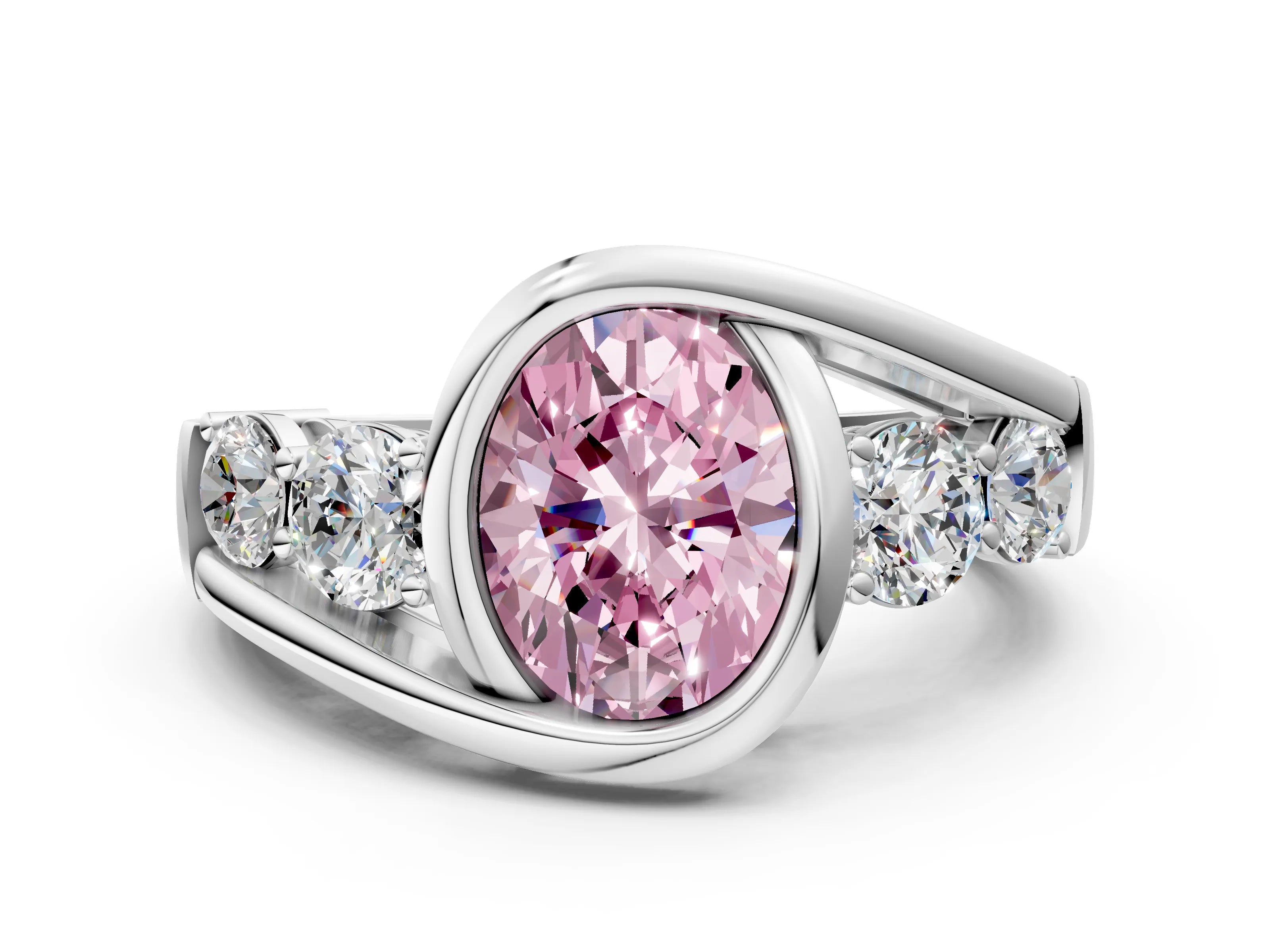 White gold Bezel Set Fancy Pink Oval Cut Diamond Split Shank Ring