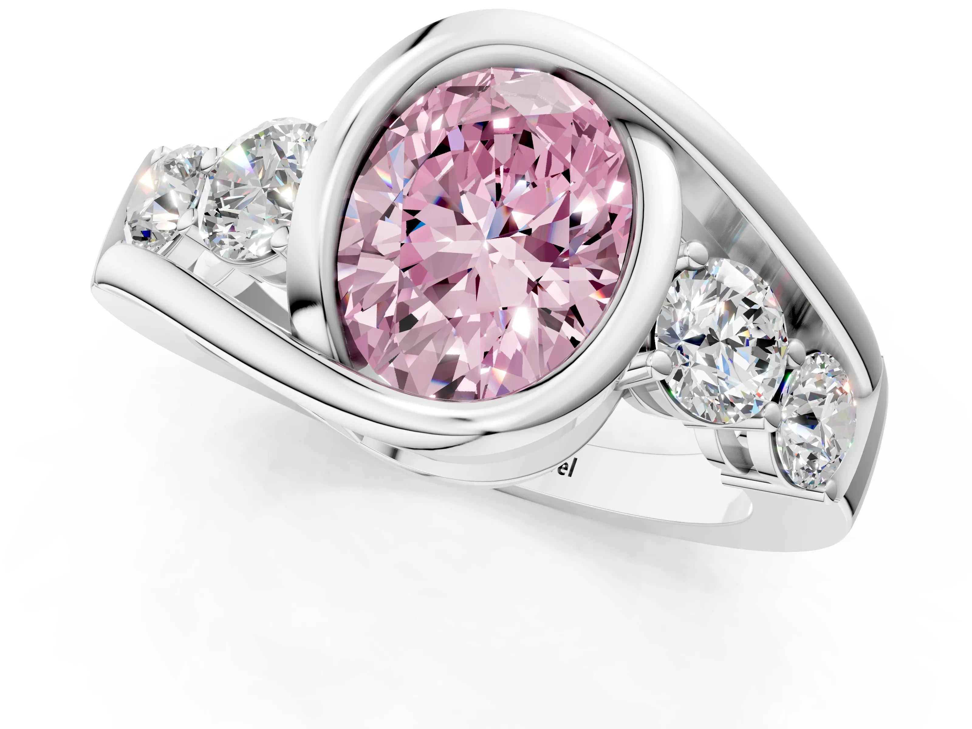 White gold Bezel Set Fancy Pink Oval Cut Diamond Split Shank Ring_1