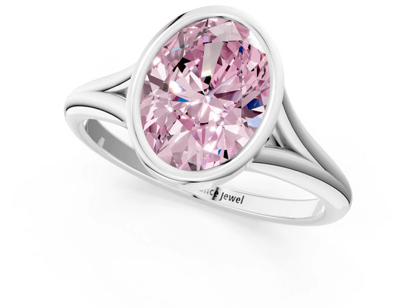 White gold Bezel Set Fancy Pink Oval  Cut Solitaire Ring with Tapered Band