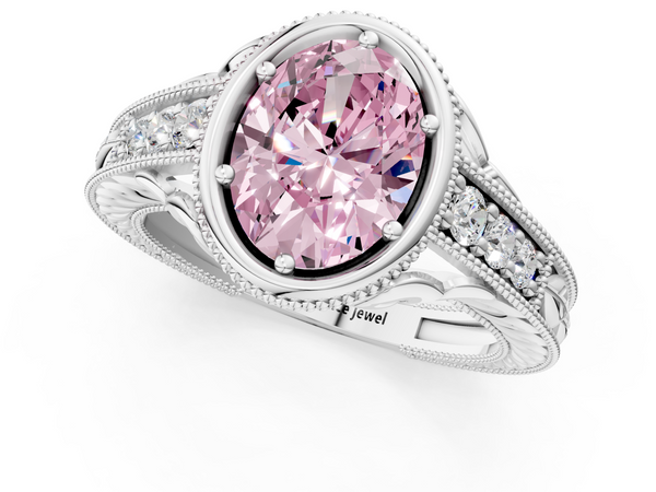 White gold Bezel Set Fancy Pink Oval  Diamond Milgrain Pave Engagement Ring