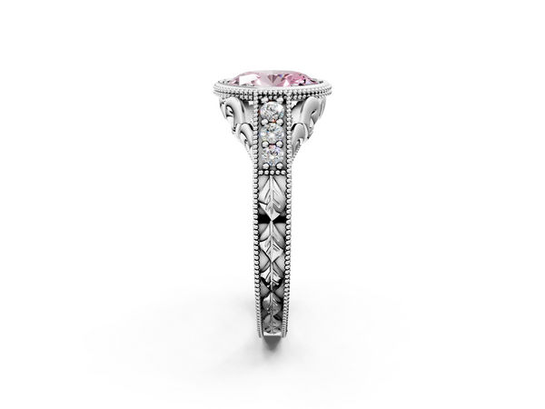 White gold Bezel Set Fancy Pink Oval  Diamond Milgrain Pave Engagement Ring