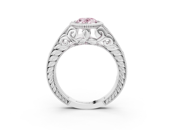 White gold Bezel Set Fancy Pink Oval  Diamond Milgrain Pave Engagement Ring