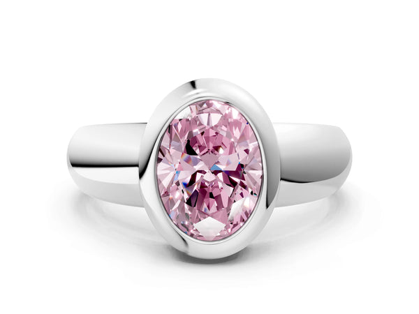 White gold Bezel Set Fancy Pink Oval  Solitaire Ring with Wide Band