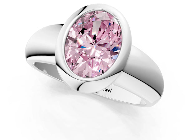 White gold Bezel Set Fancy Pink Oval  Solitaire Ring with Wide Band