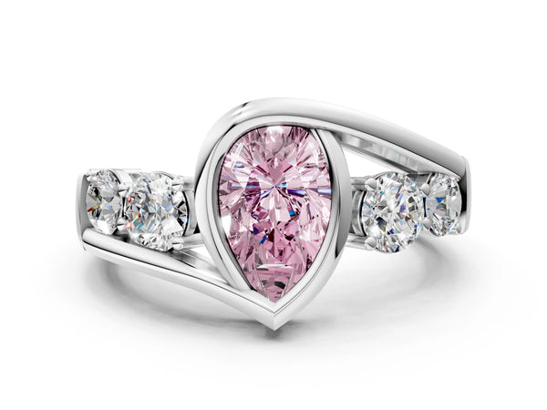 White Gold Pear-Shaped Bezel Bypass Engagement Ring Setting for Fancy Pink Center