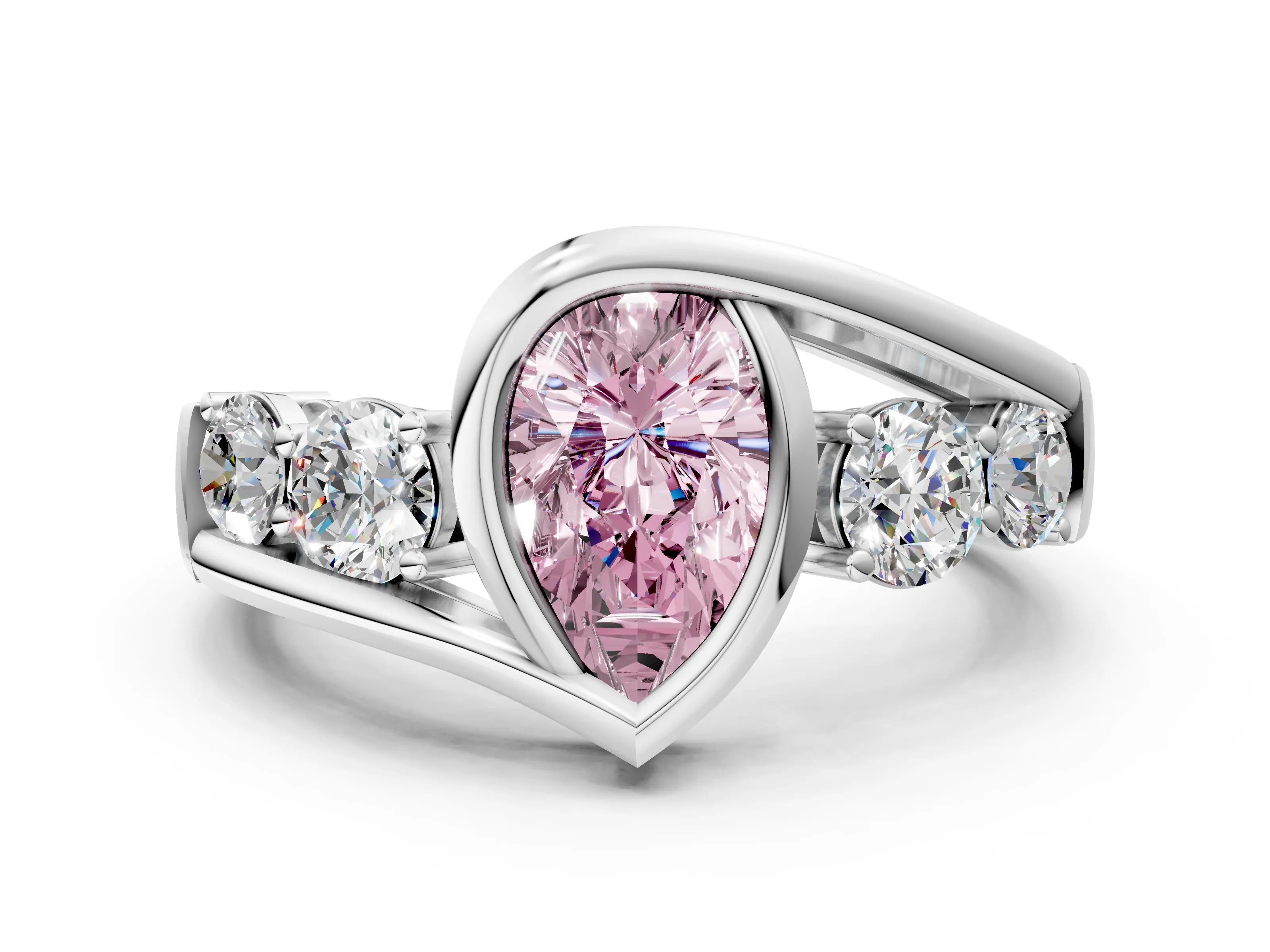 White gold Bezel Set Fancy Pink Pear Cut Diamond Split Shank Ring