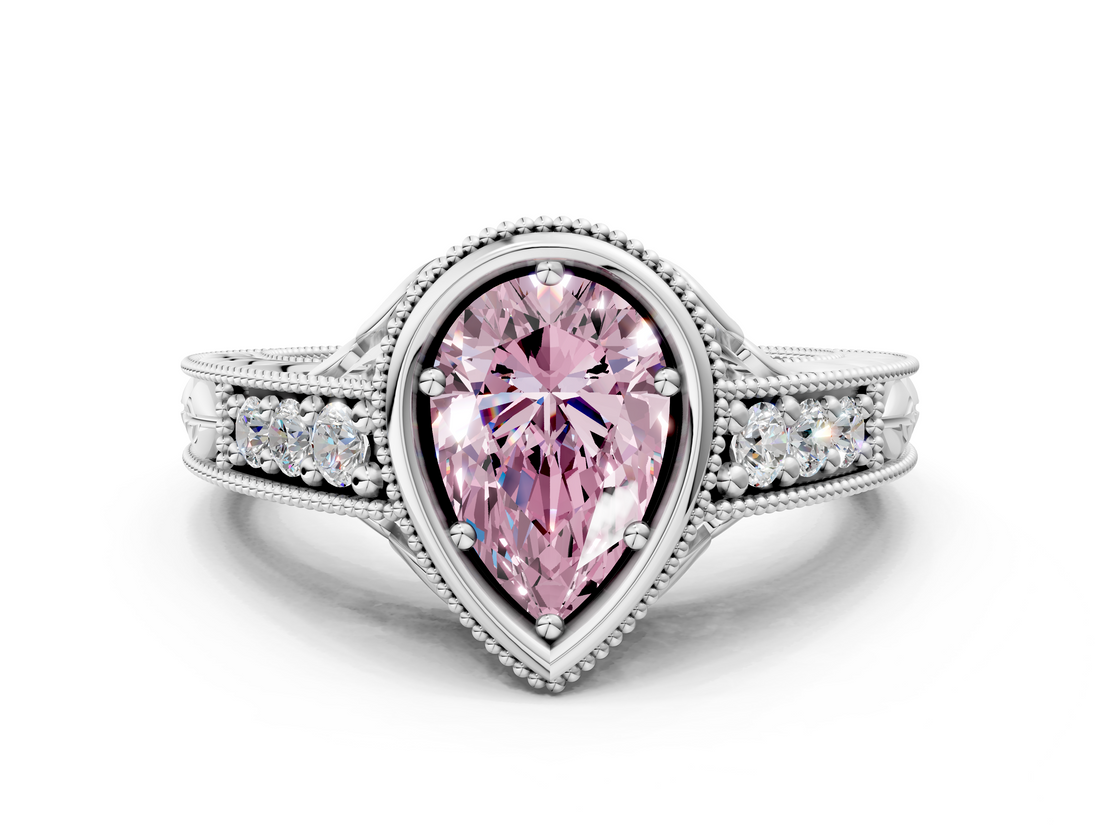 White gold Bezel Set Fancy Pink Pear  Diamond Milgrain Pave Engagement Ring_33