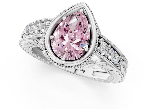 Platinum Bezel Set Fancy Pink Pear  Diamond Milgrain Pave Engagement Ring