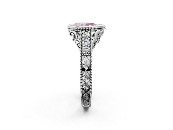 Platinum Bezel Set Fancy Pink Pear  Diamond Milgrain Pave Engagement Ring