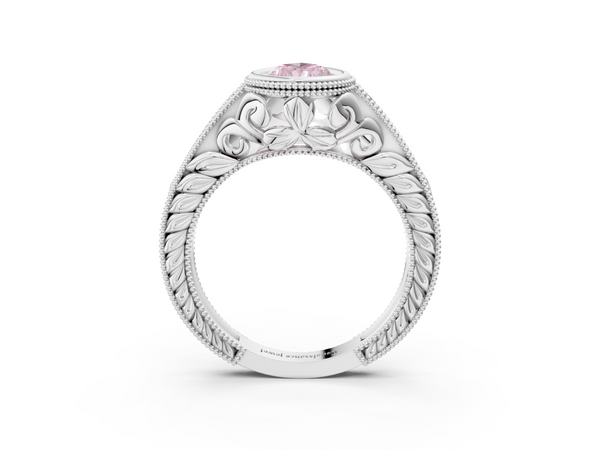 Platinum Bezel Set Fancy Pink Pear  Diamond Milgrain Pave Engagement Ring